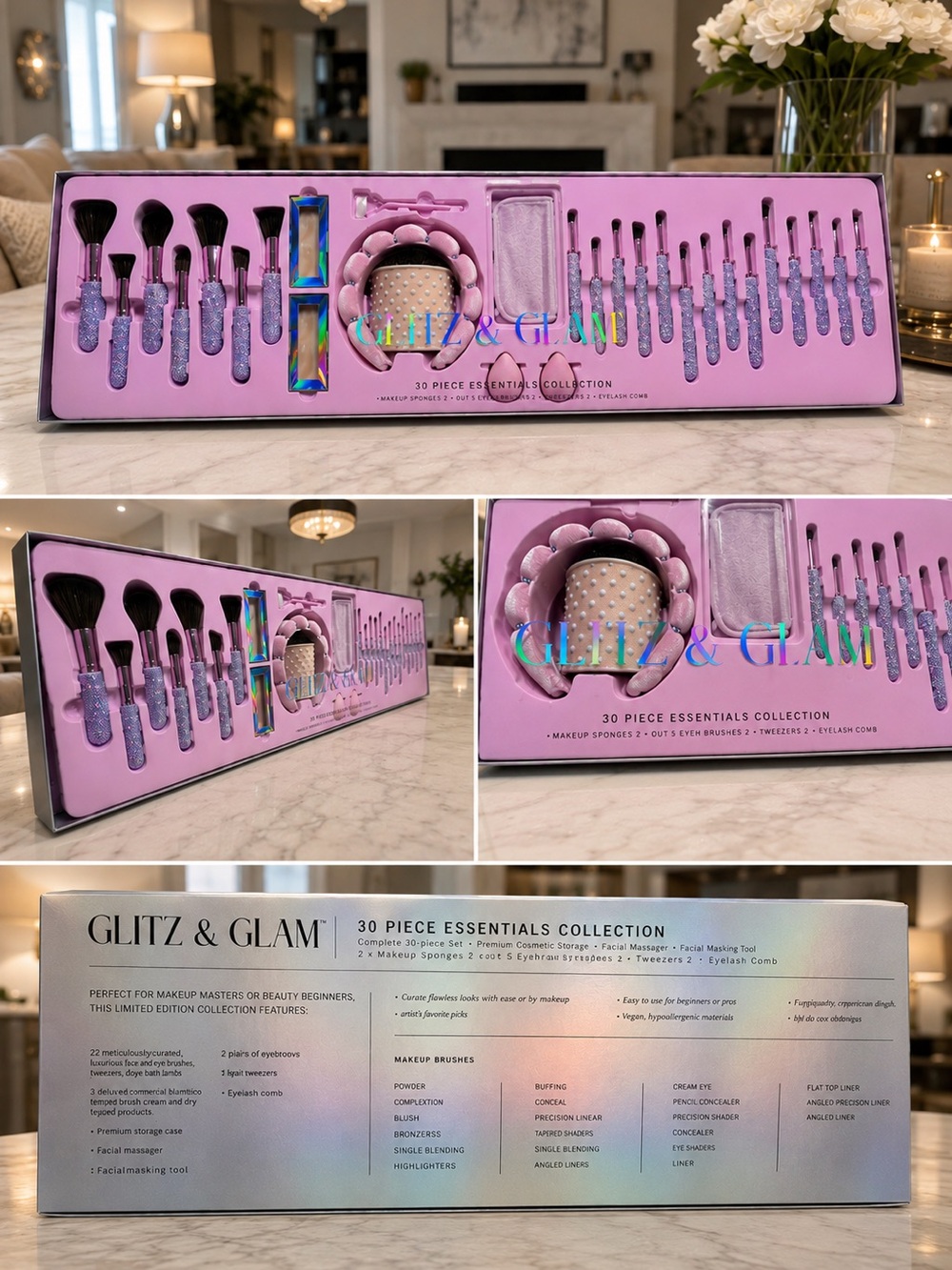 Glitz & Glam 30-Piece Essentials Makeup Brush and Sponge Set - Pink